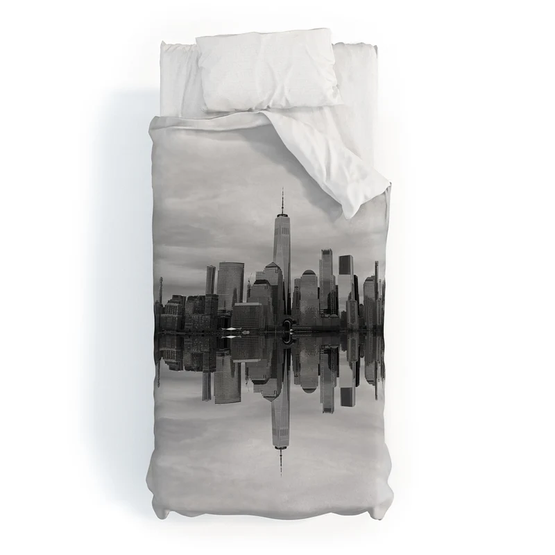 Lower Manhattan reflected along the Hudson Duvet Cover