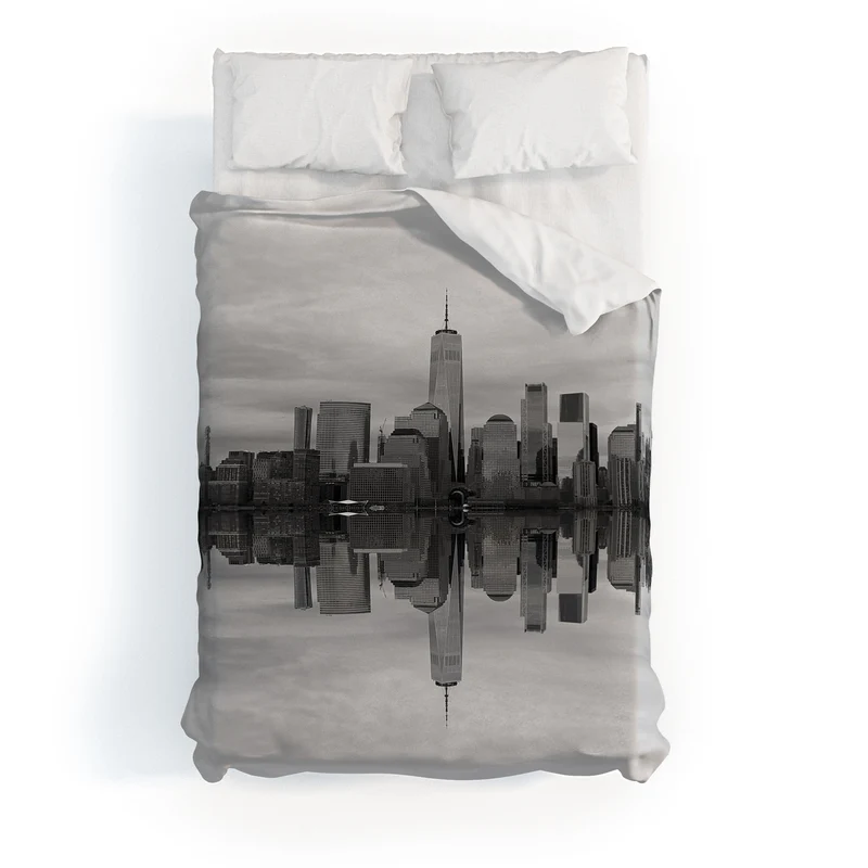 Lower Manhattan reflected along the Hudson Duvet Cover