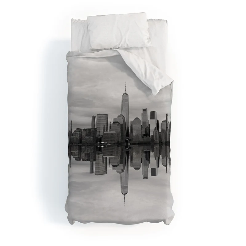 Lower Manhattan reflected along the Hudson Duvet Cover