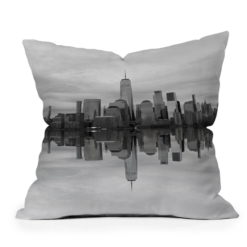 Lower Manhattan reflected along the Hudson Throw Pillow