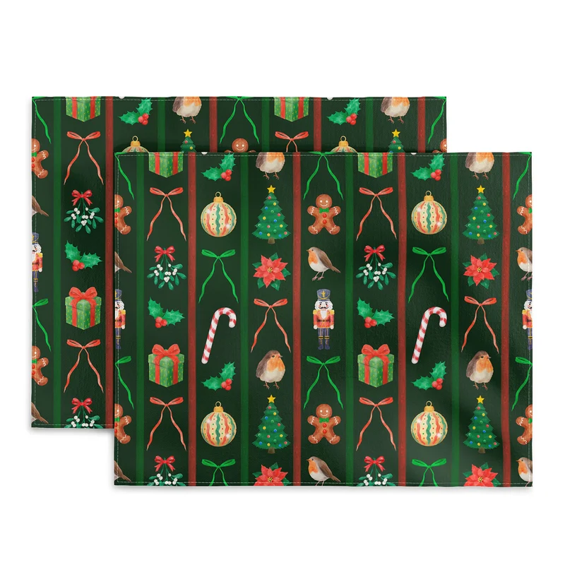 Vintage Christmas Watercolor Stripes Pattern on Dark Green Placemat