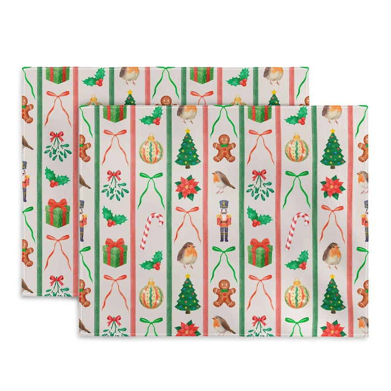 Vintage Christmas Watercolor Stripes Pattern on Cream Placemat