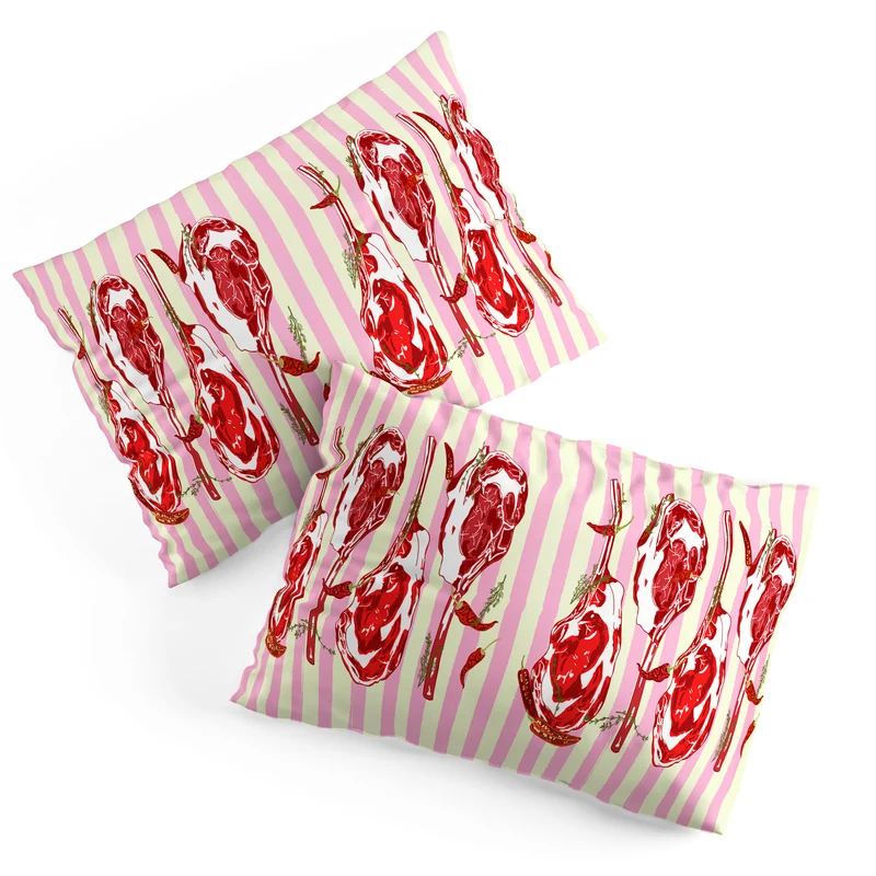 Tomahawk Steak with Chili Herbs on Pink Stripes Pillow Sham