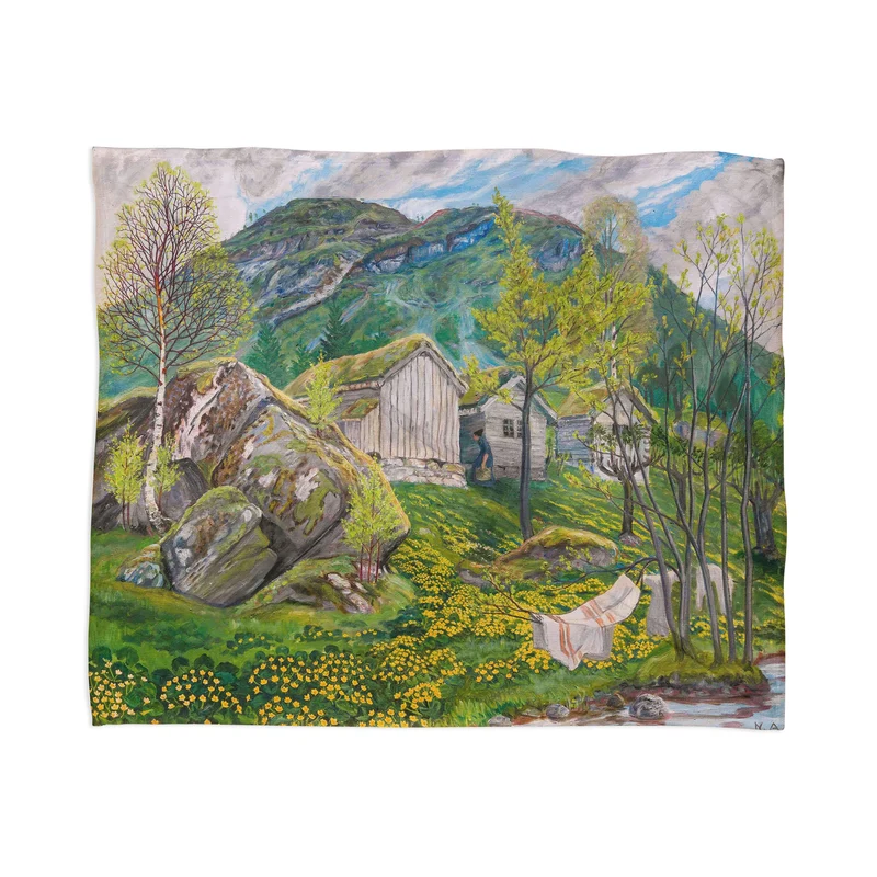 Yellow buttercup blossoms Spring Mood by Old Cotters Farm alpine landscape by Nikolai Astrup Throw Blanket
