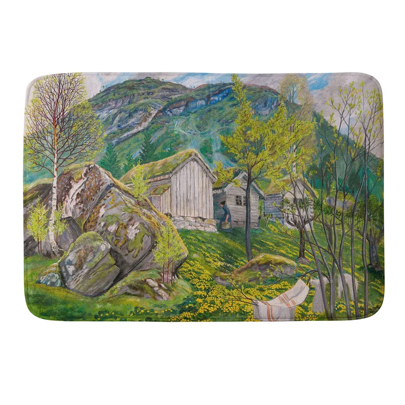 Yellow buttercup blossoms Spring Mood by Old Cotters Farm alpine landscape by Nikolai Astrup Bath Mat