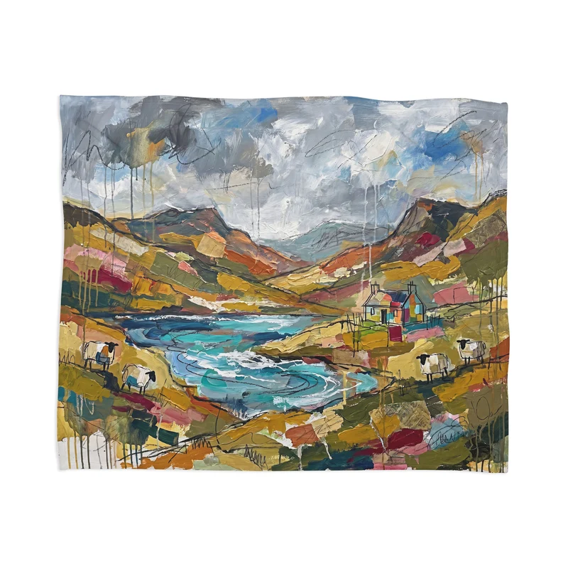 Sheep Grazing in the Scottish Highlands Abstract Throw Blanket