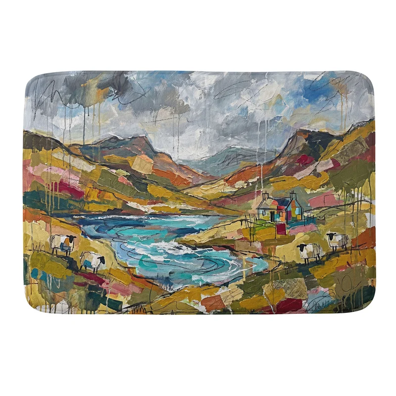 Sheep Grazing in the Scottish Highlands Abstract Bath Mat
