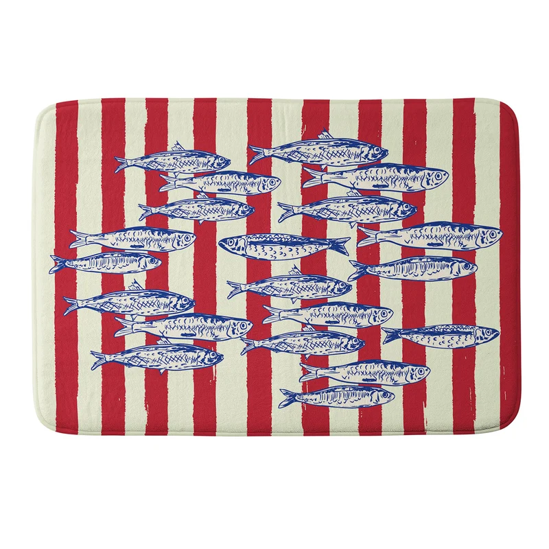 Sardines with Red Stripes Mediterranean Retro Fish Bath Mat