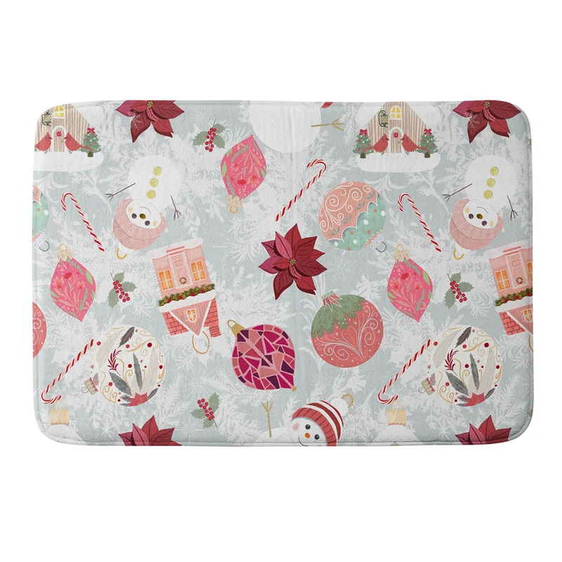 Festive Holiday Cheer with Snowmen and Poinsettias Bath Mat