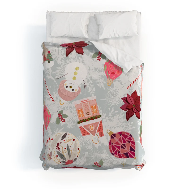 Festive Holiday Cheer with Snowmen and Poinsettias Duvet Cover