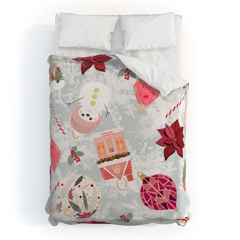 Festive Holiday Cheer with Snowmen and Poinsettias Duvet Cover