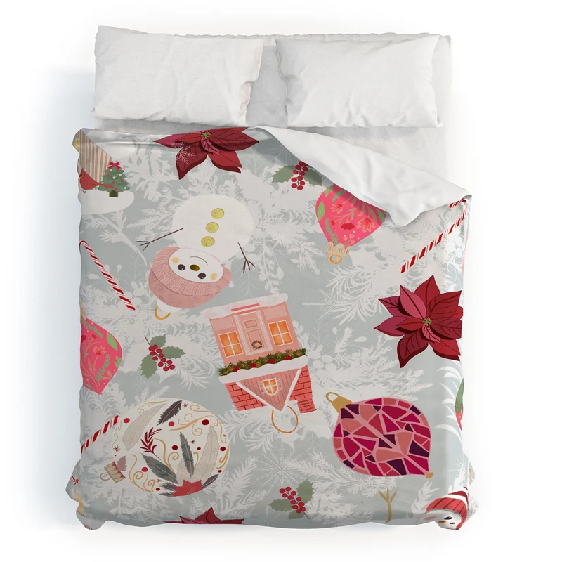 Festive Holiday Cheer with Snowmen and Poinsettias Duvet Cover