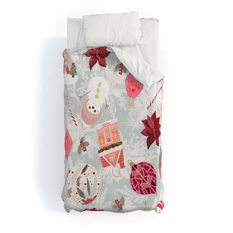 Festive Holiday Cheer with Snowmen and Poinsettias Duvet Cover