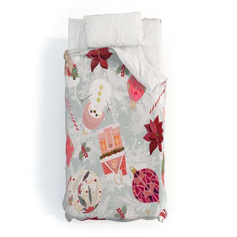 Festive Holiday Cheer with Snowmen and Poinsettias Duvet Cover