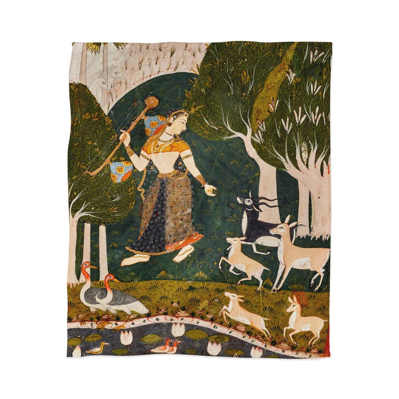 Indian miniature Ragamala Todi Ragini Throw Blanket