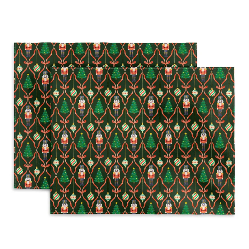 Vintage Watercolor Christmas Ribbon Pattern on Dark Green Placemat