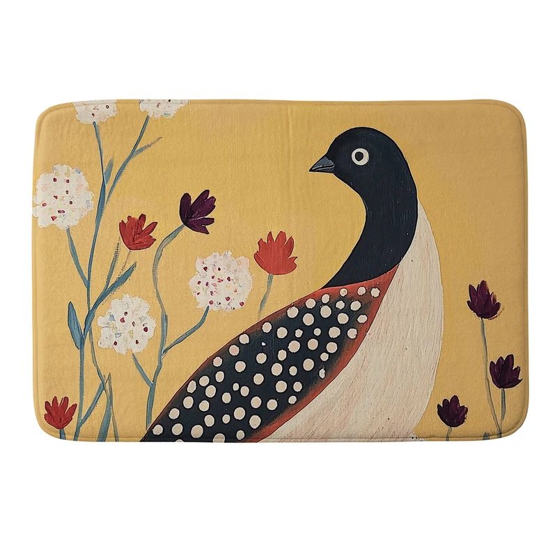 Spotted Folk Bird in Wildflowers Bath Mat