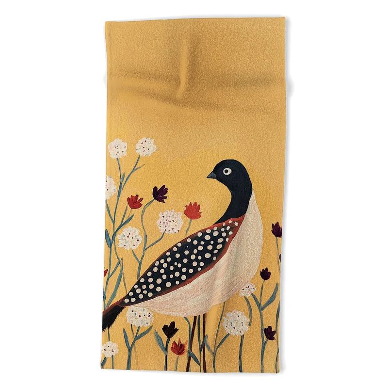 Spotted Folk Bird in Wildflowers Bath Towel