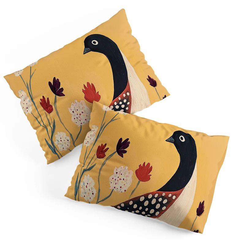 Spotted Folk Bird in Wildflowers Pillow Sham