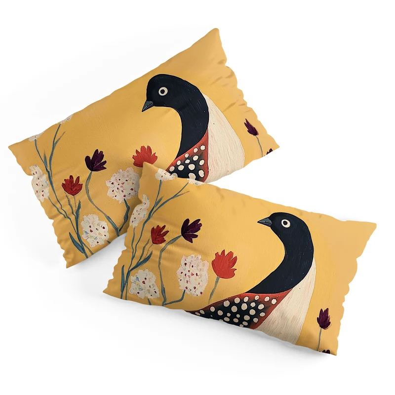 Spotted Folk Bird in Wildflowers Pillow Sham