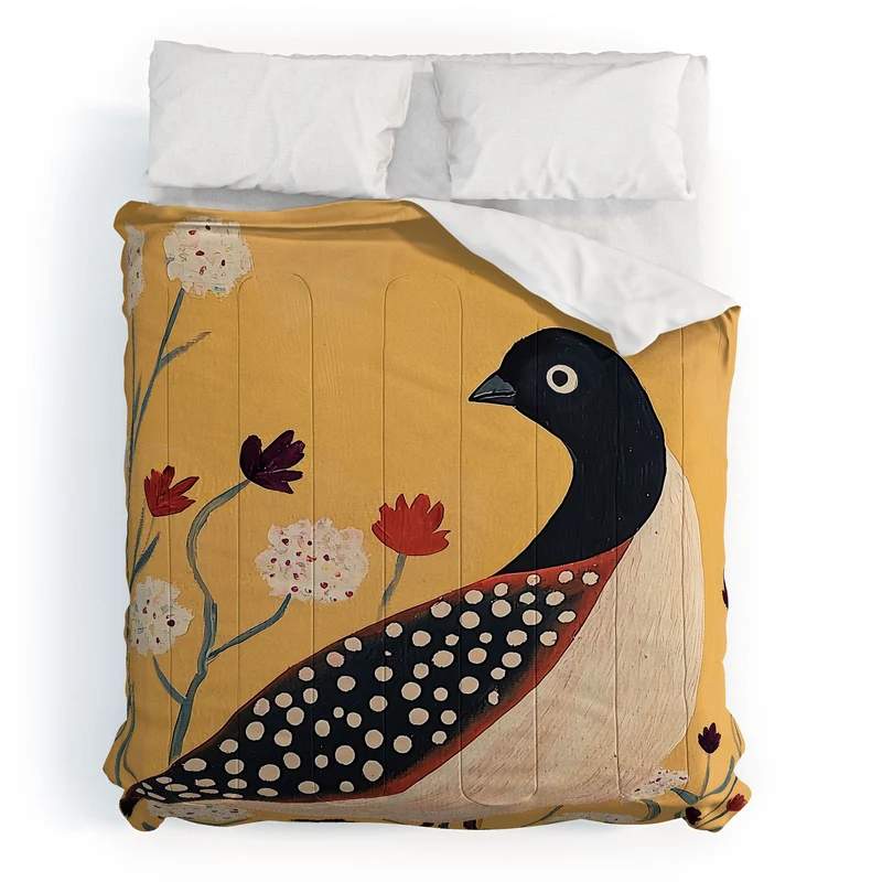 Spotted Folk Bird in Wildflowers Comforter