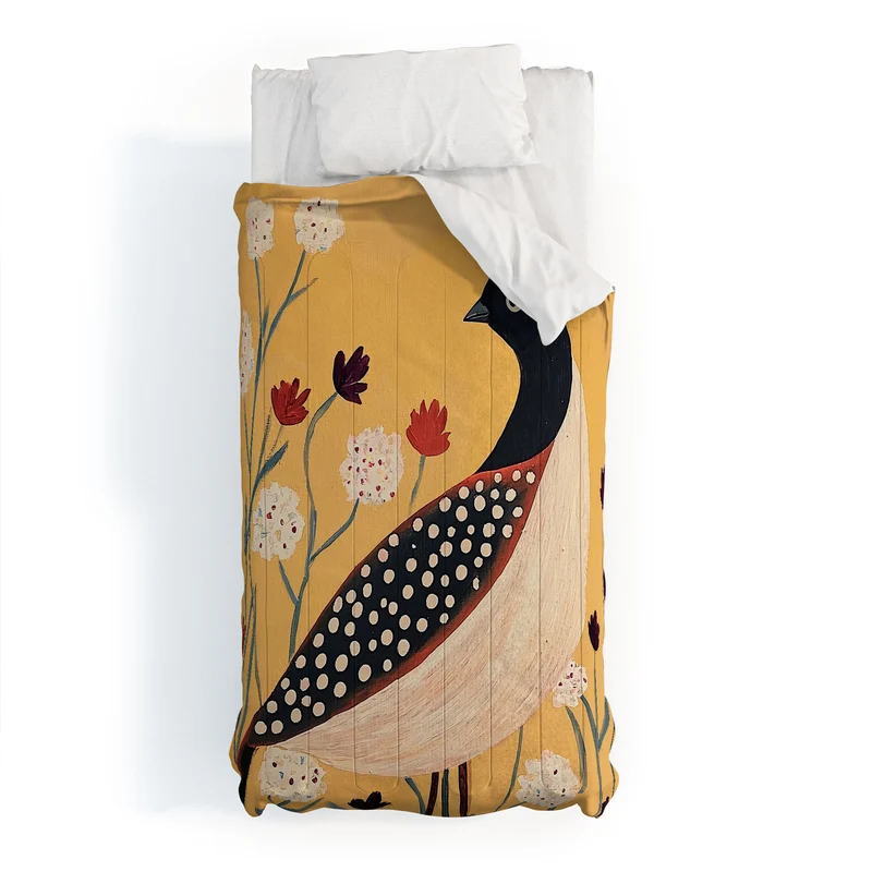 Spotted Folk Bird in Wildflowers Comforter