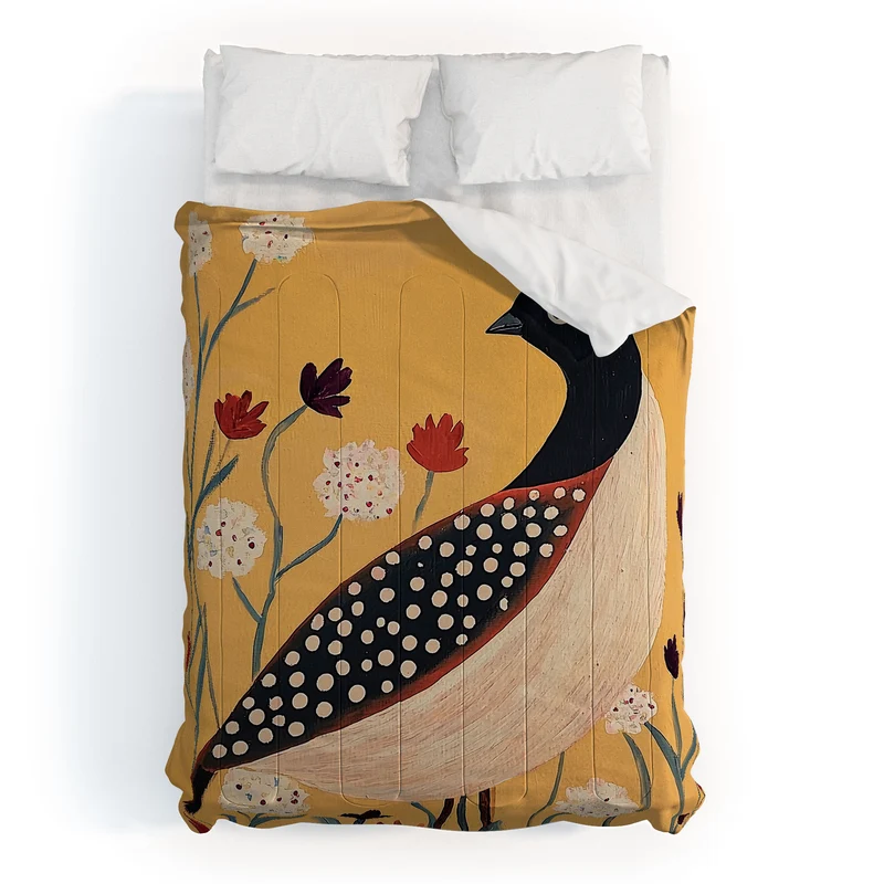 Spotted Folk Bird in Wildflowers Comforter