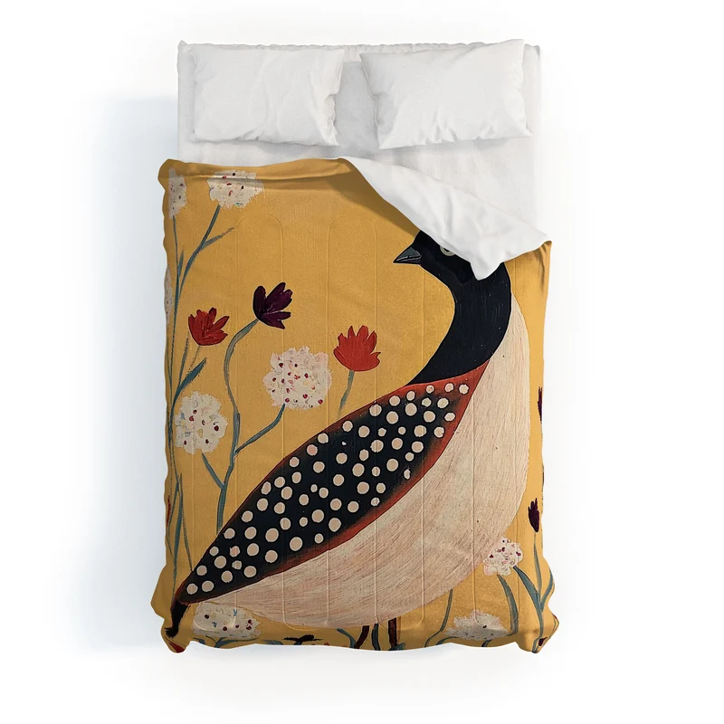 Spotted Folk Bird in Wildflowers Comforter