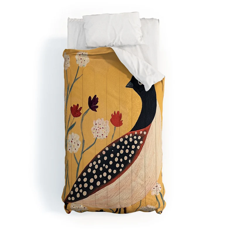 Spotted Folk Bird in Wildflowers Comforter