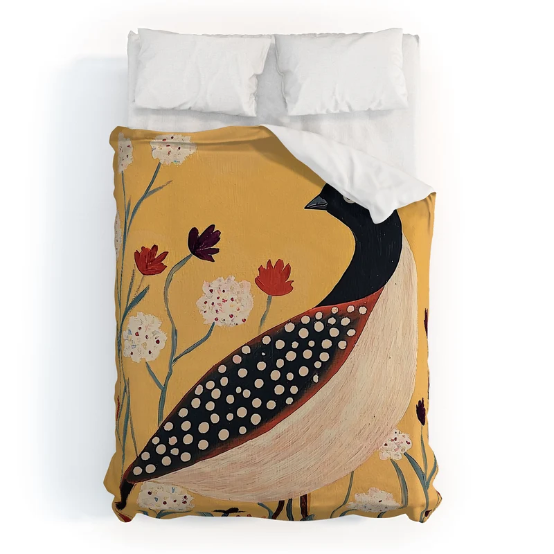 Spotted Folk Bird in Wildflowers Duvet Cover