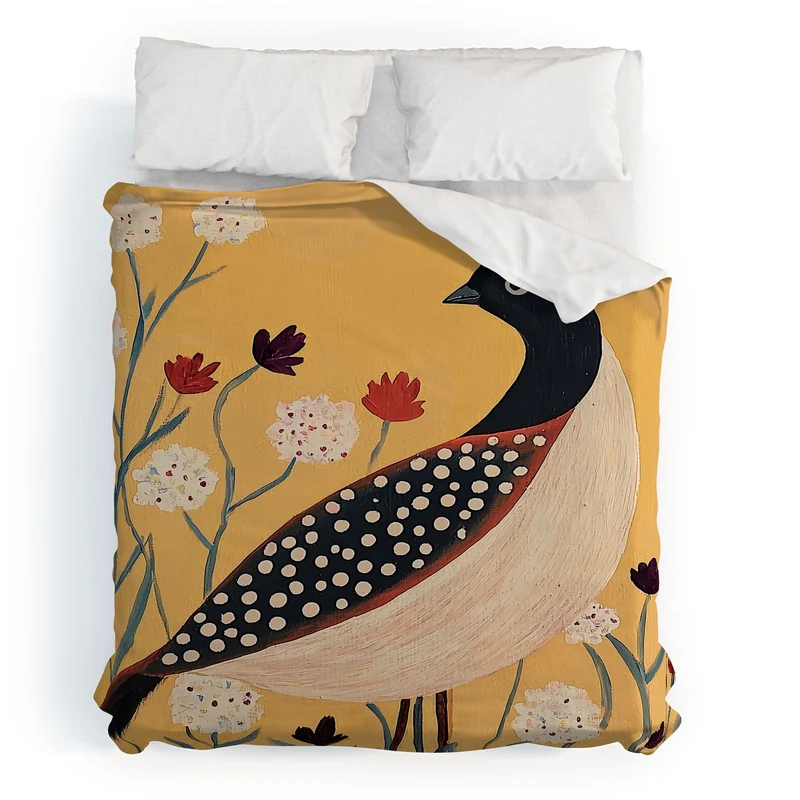 Spotted Folk Bird in Wildflowers Duvet Cover