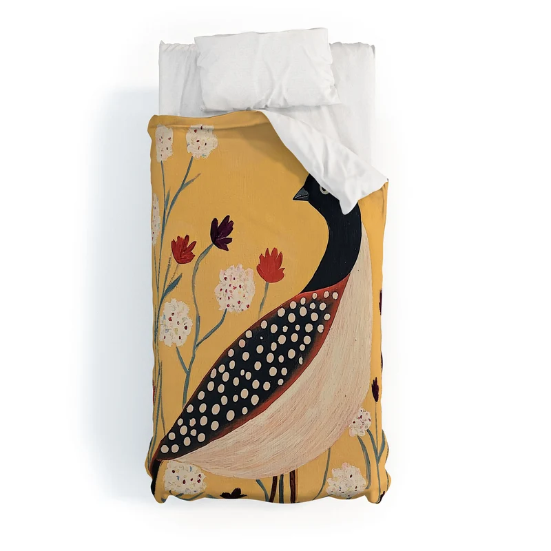 Spotted Folk Bird in Wildflowers Duvet Cover