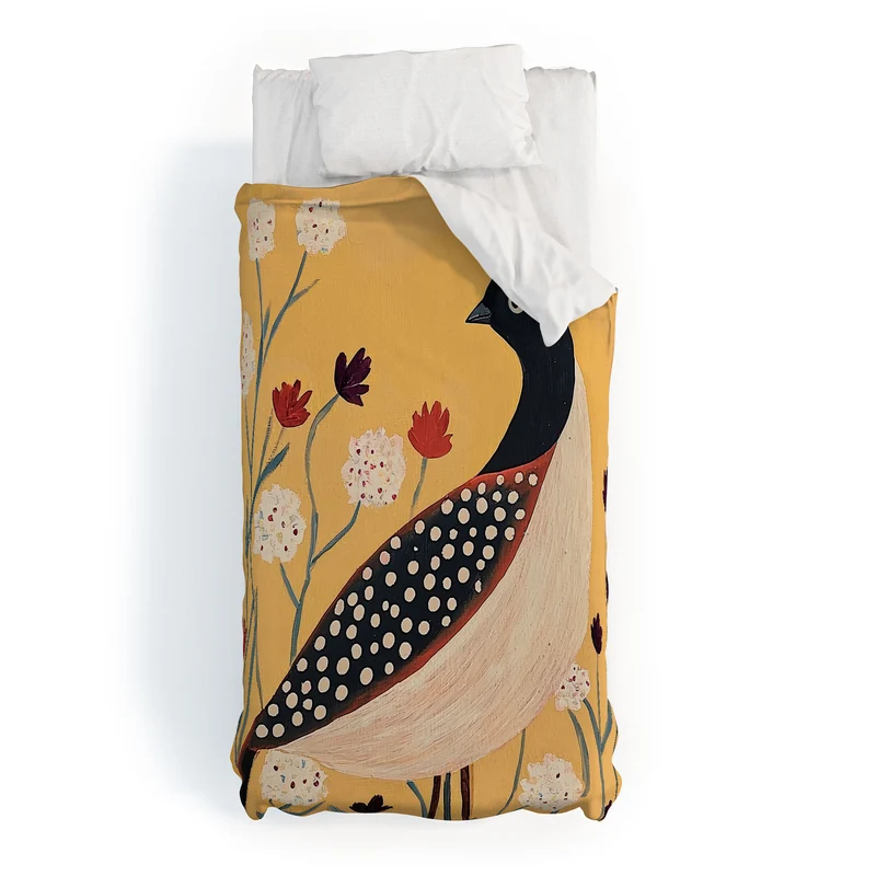 Spotted Folk Bird in Wildflowers Duvet Cover