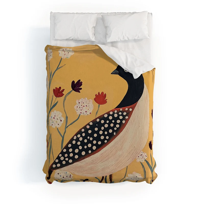 Spotted Folk Bird in Wildflowers Duvet Cover