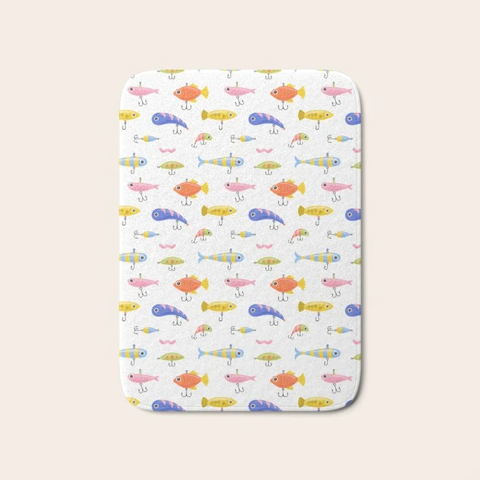Funny colorful fish lure cartoon art pattern Bath Mat