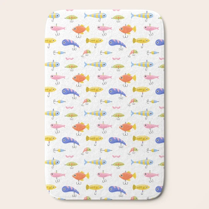Funny colorful fish lure cartoon art pattern Bath Mat