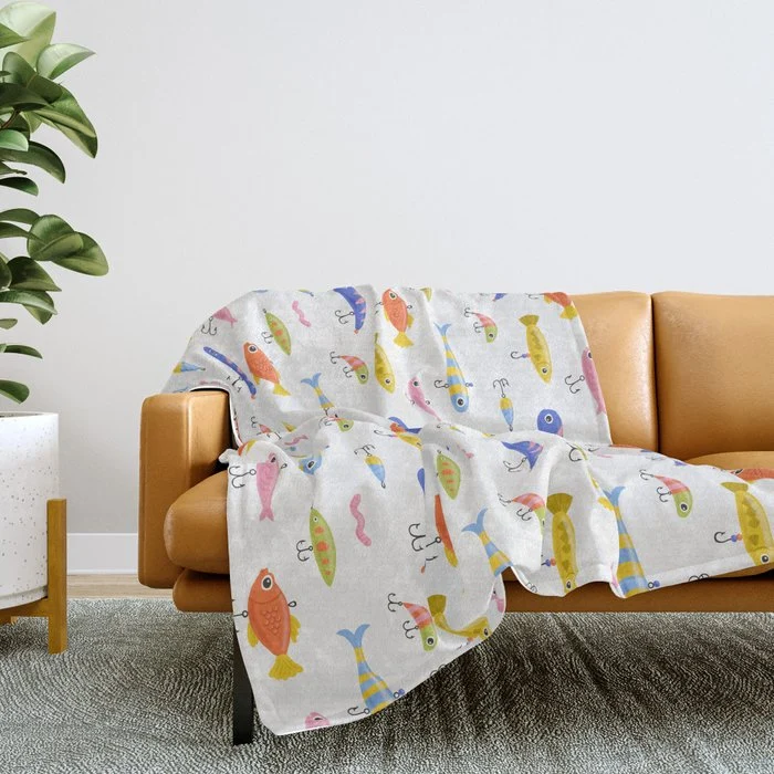 Funny colorful fish lure cartoon art pattern Throw Blanket