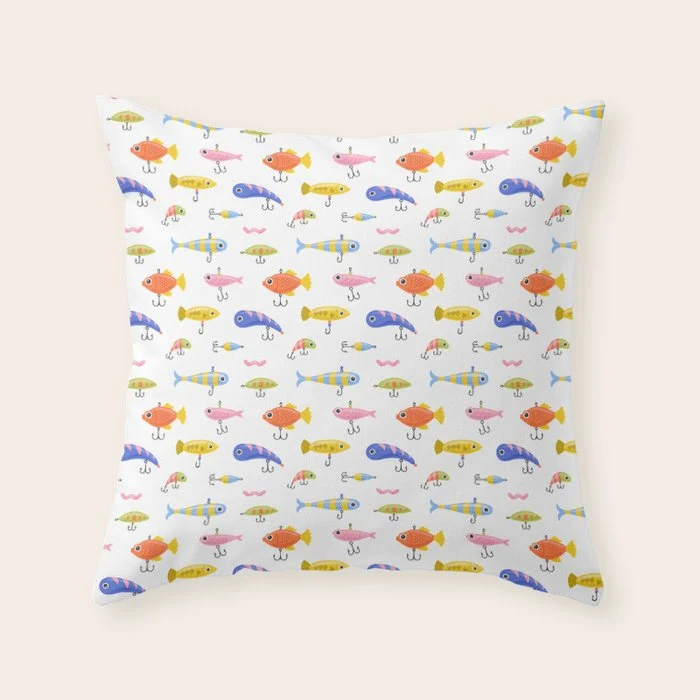 Funny colorful fish lure cartoon art pattern Throw Pillow