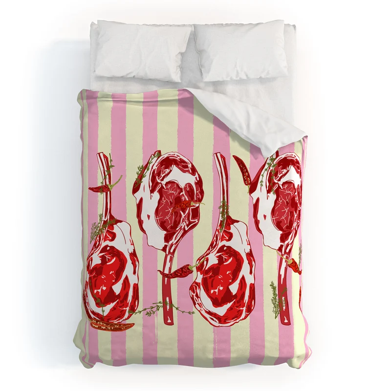 Tomahawk Steak with Chili Herbs on Pink Stripes Duvet Cover