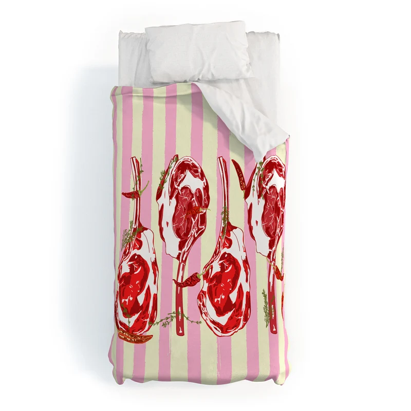 Tomahawk Steak with Chili Herbs on Pink Stripes Duvet Cover