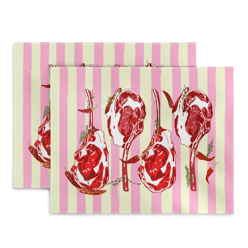 Tomahawk Steak with Chili Herbs on Pink Stripes Placemat