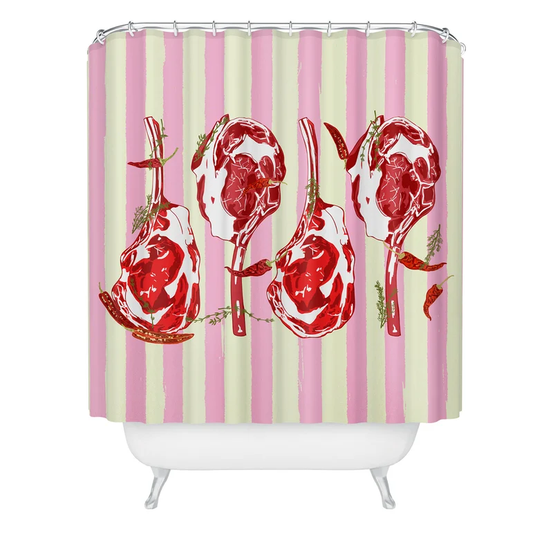 Tomahawk Steak with Chili Herbs on Pink Stripes Shower Curtain