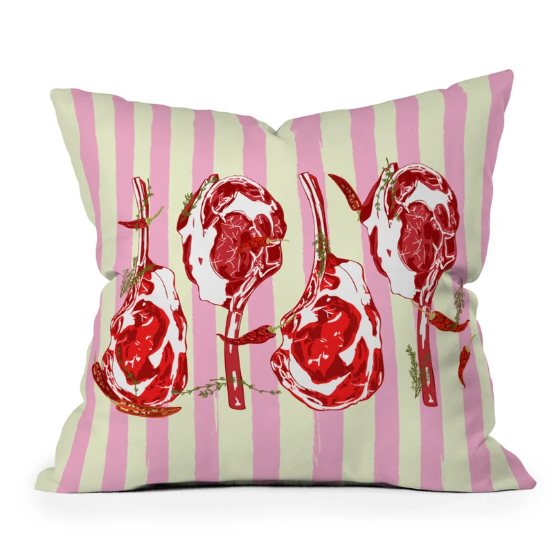 Tomahawk Steak with Chili Herbs on Pink Stripes Throw Pillow