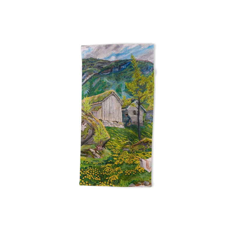 Yellow buttercup blossoms Spring Mood by Old Cotters Farm alpine landscape by Nikolai Astrup Bath Towel