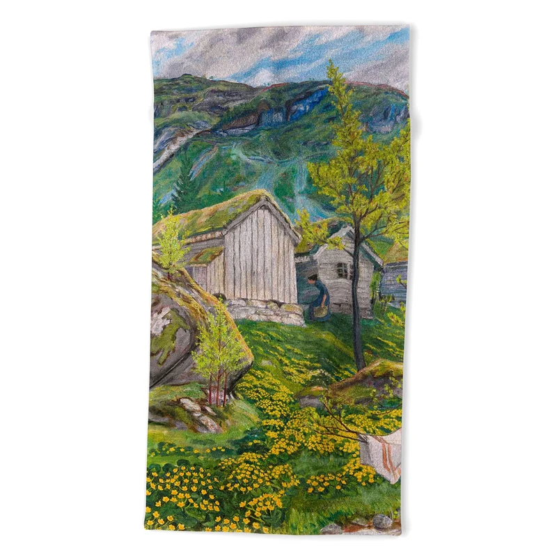 Yellow buttercup blossoms Spring Mood by Old Cotters Farm alpine landscape by Nikolai Astrup Bath Towel