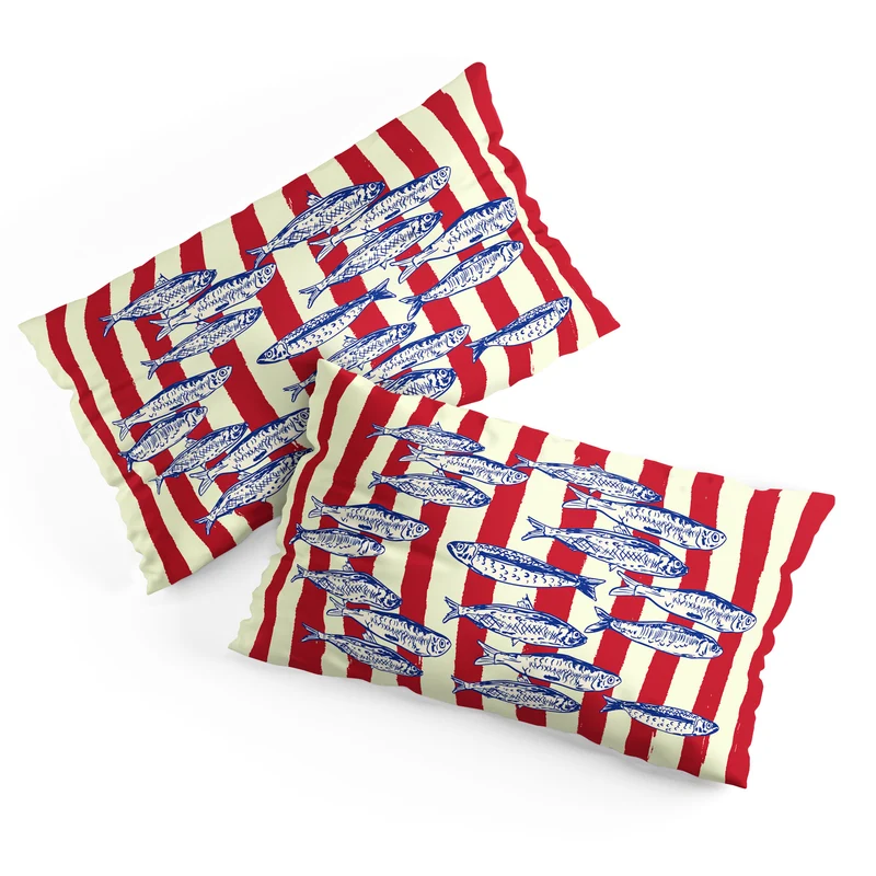 Sardines with Red Stripes Mediterranean Retro Fish Pillow Sham