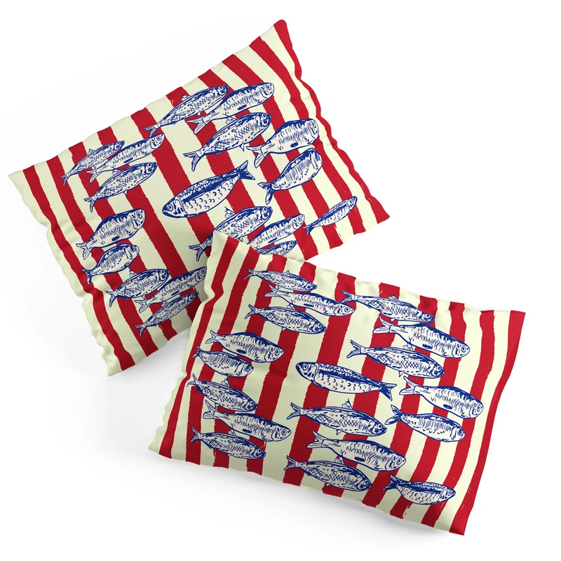 Sardines with Red Stripes Mediterranean Retro Fish Pillow Sham