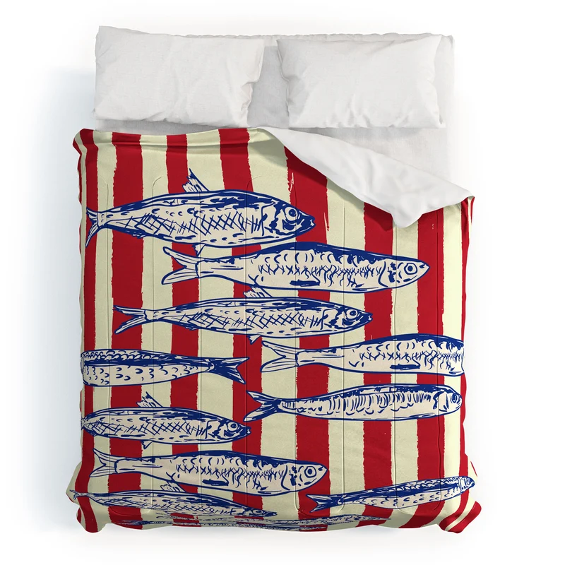 Sardines with Red Stripes Mediterranean Retro Fish Comforter