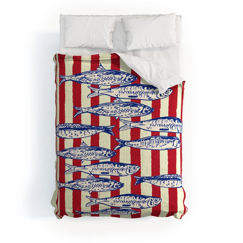 Sardines with Red Stripes Mediterranean Retro Fish Comforter