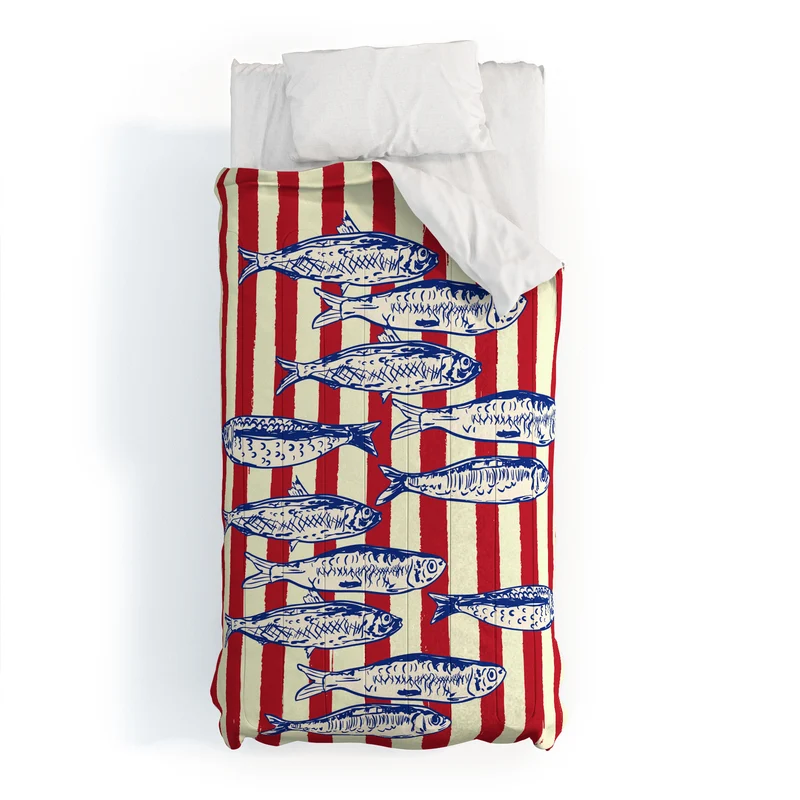 Sardines with Red Stripes Mediterranean Retro Fish Comforter